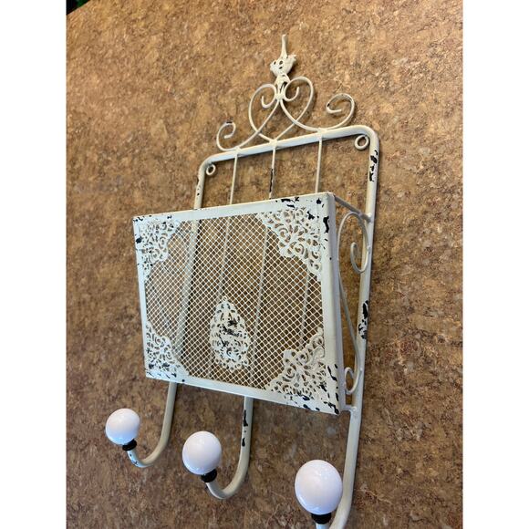 French Shabby Chic Metal Wall Storage and Towel or Coat Hook - Picture 2 of 5